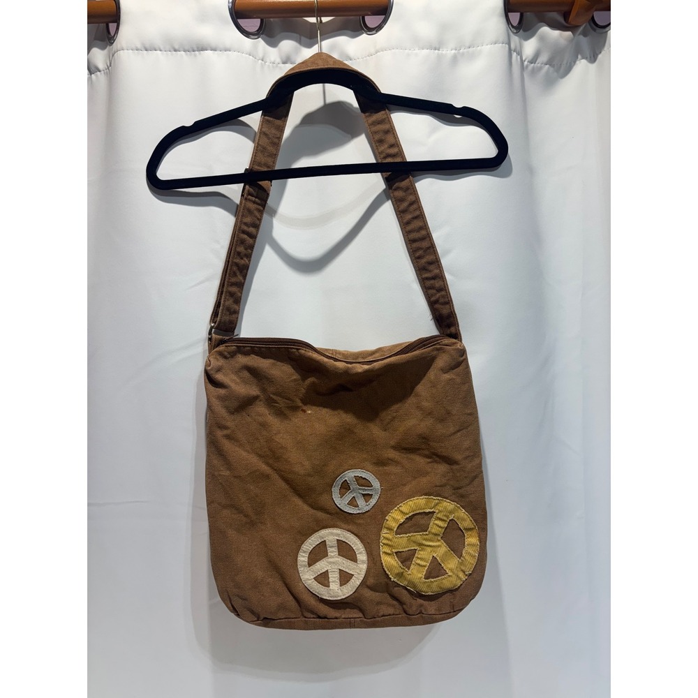 Peace Sign Canvas Crossbody Bag Women Brown Boho Messenger y2k festival